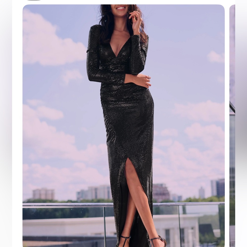 VENUS Black Sequin Bishop Sleeve Maxi Gown